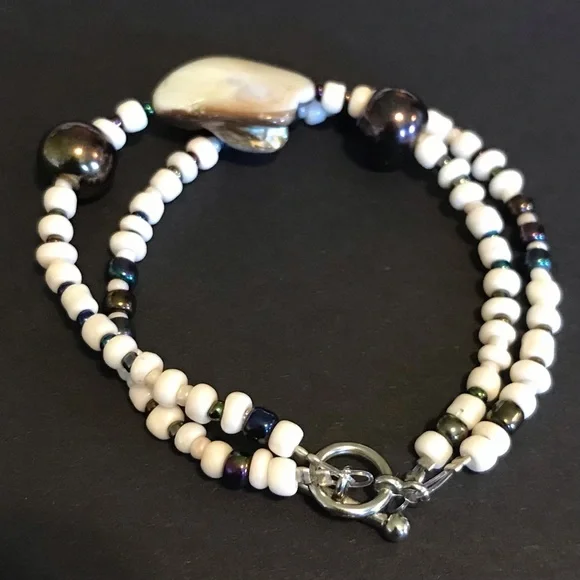 New Handmade Adult / Child Matching Bracelets, Beaded. Cream/Metallic Charcoal - Picture 3 of 10